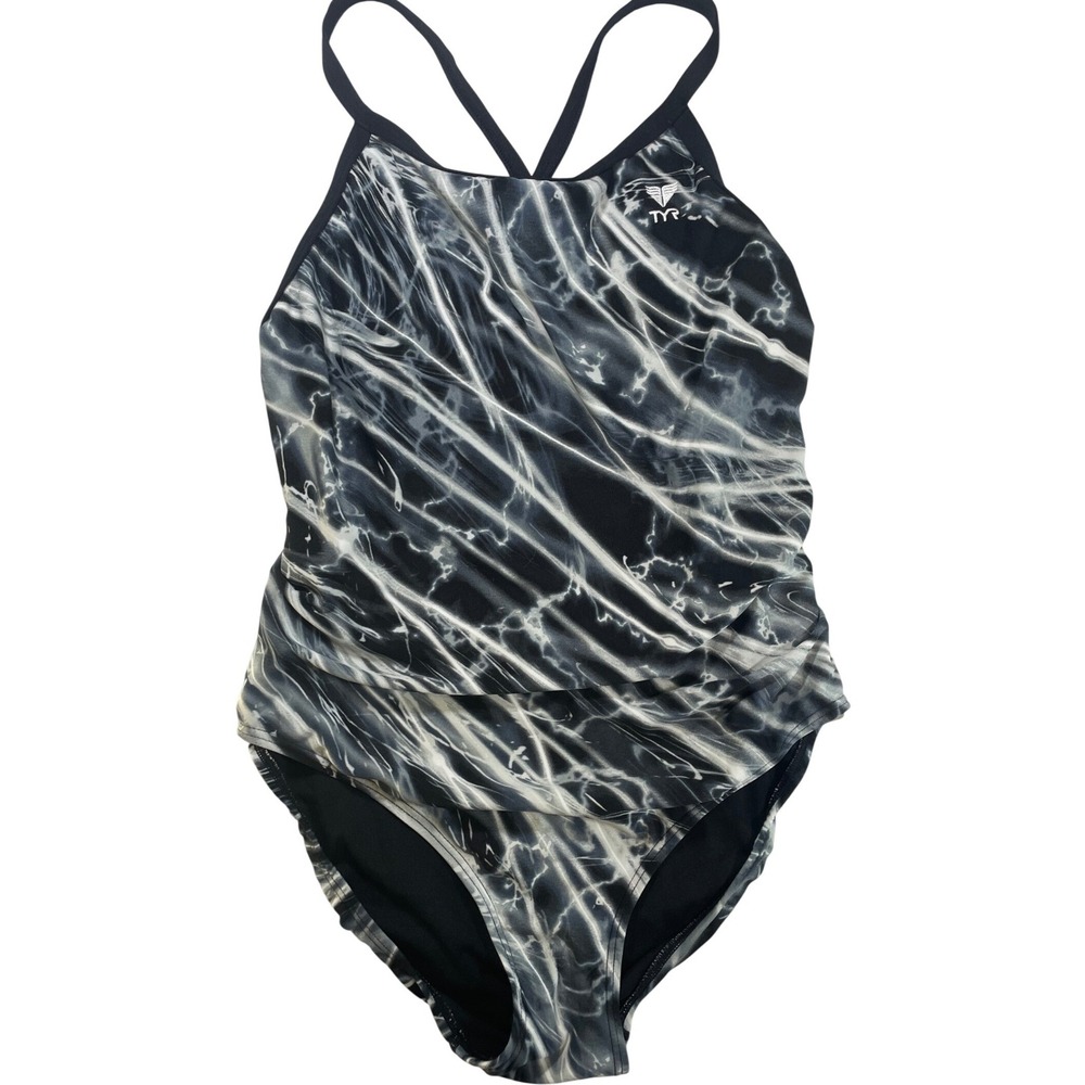 TYR One Piece Swimsuit Women Black White Marble Abstract Cross Back 40 XL